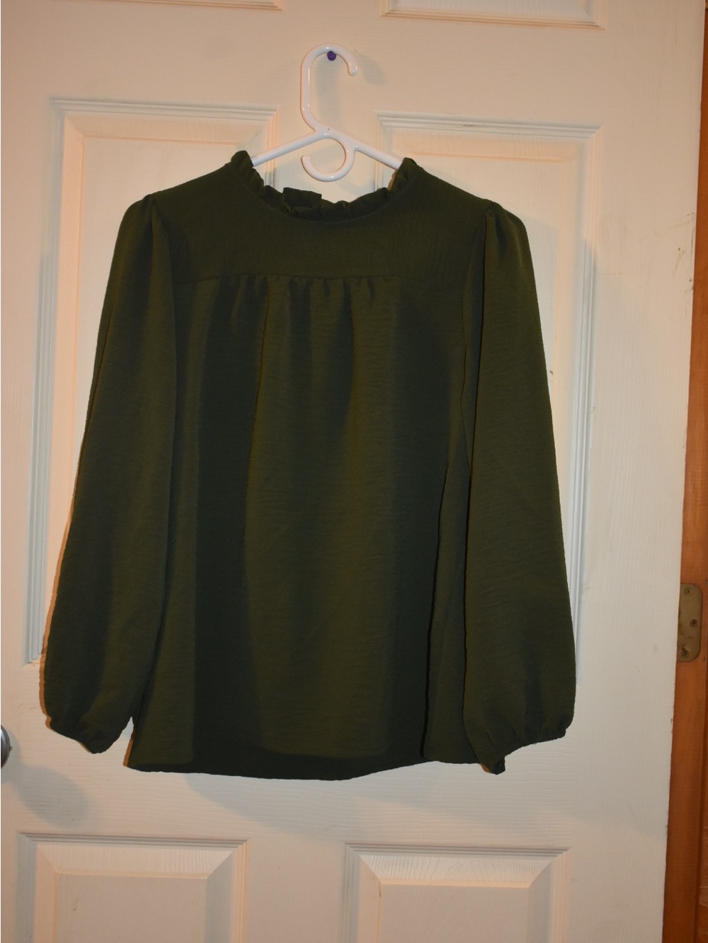 Ruffled Neck Olive Green Long Sleeve Blouse